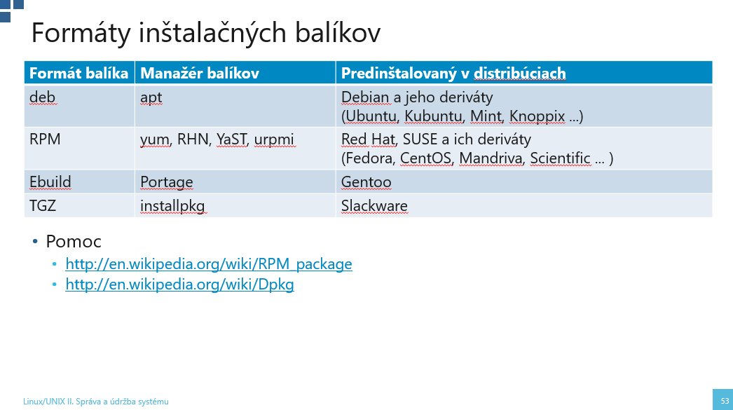 Tabuľka formátov inštalačných balíkov Linux systémov s manažérmi (deb, RPM, Ebuild, TGZ)