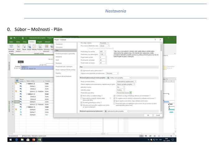 Screenshot MS Project s dialógom Možnosti nastavenia projektového plánu