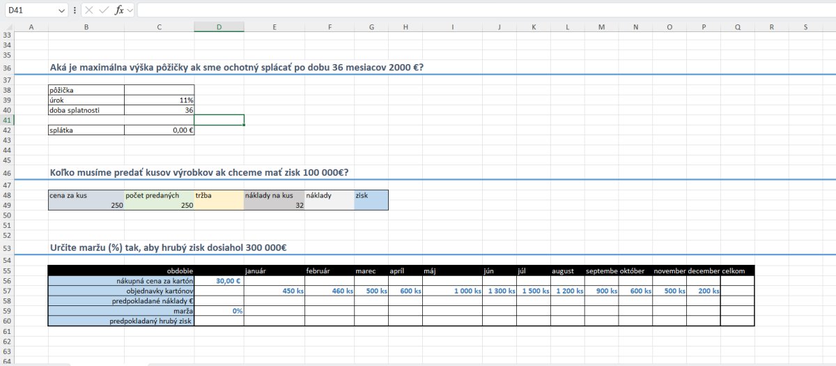 Screenshot tabuľky v Exceli s finančnými výpočtami úrokov a splátok