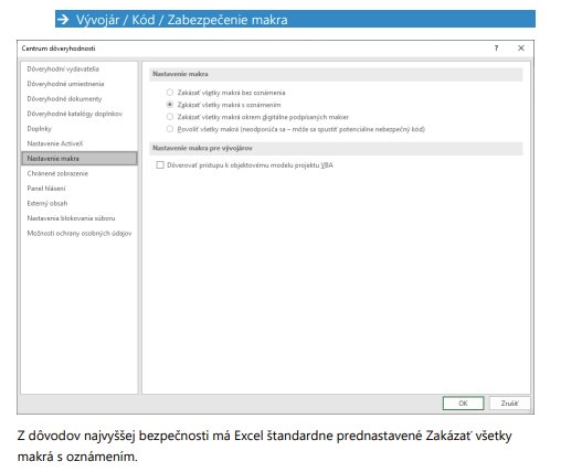 Screenshot nastavenia bezpečnosti makra v Excel VBA - možnosti spustenia makier