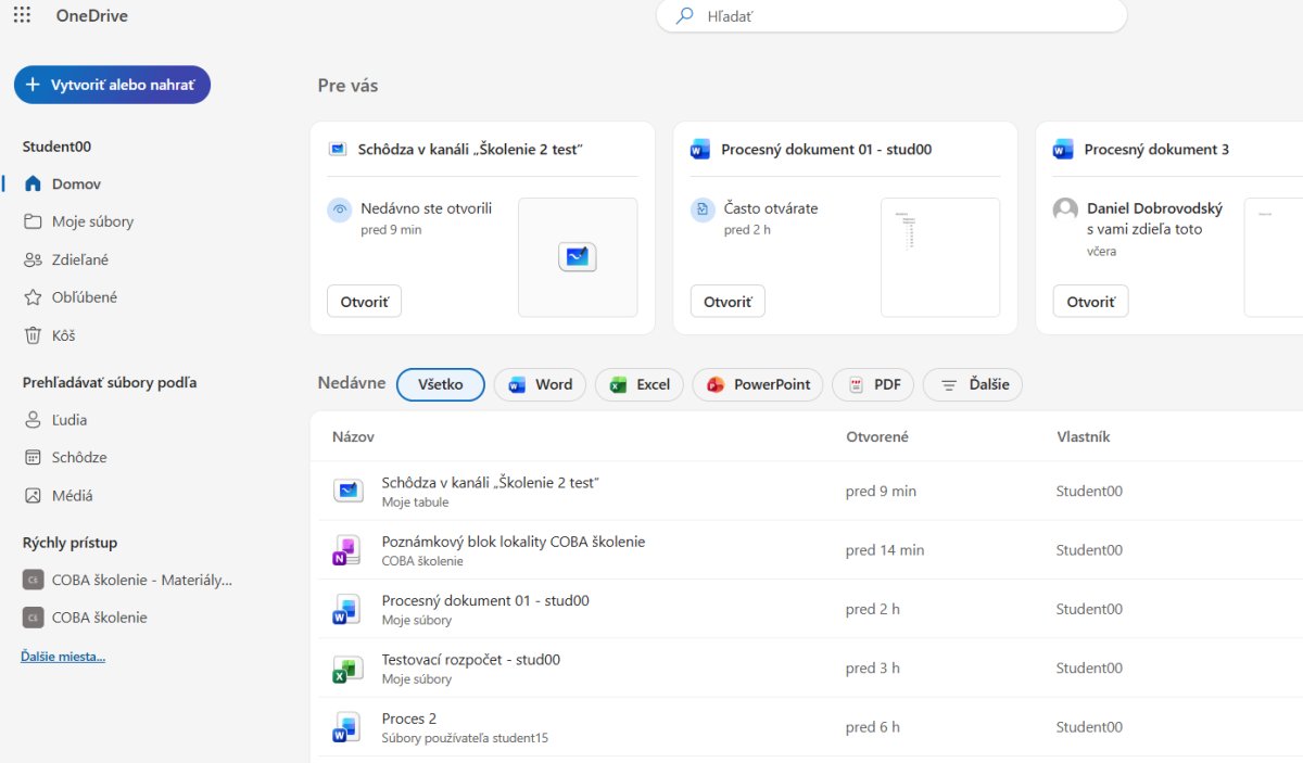Screenshot OneDrive s výpisom dokumentov a tabuľkou súborov Microsoft Office