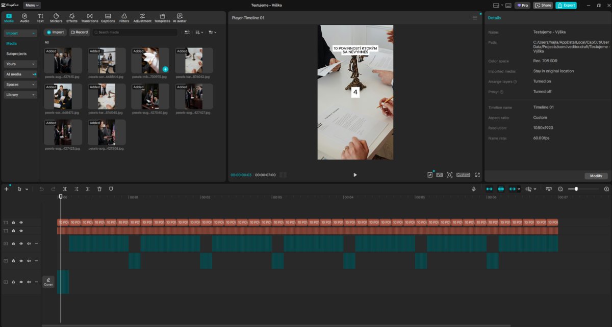 CapCut timeline editor s multitrackovou stopou videa a fotkami ku kurzu Virálne videá
