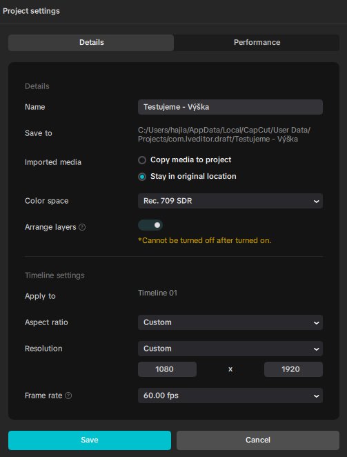 Screenshot nastavení projektu CapCut s detailmi videa, rozlíšením a snímkovacou frekvenciou