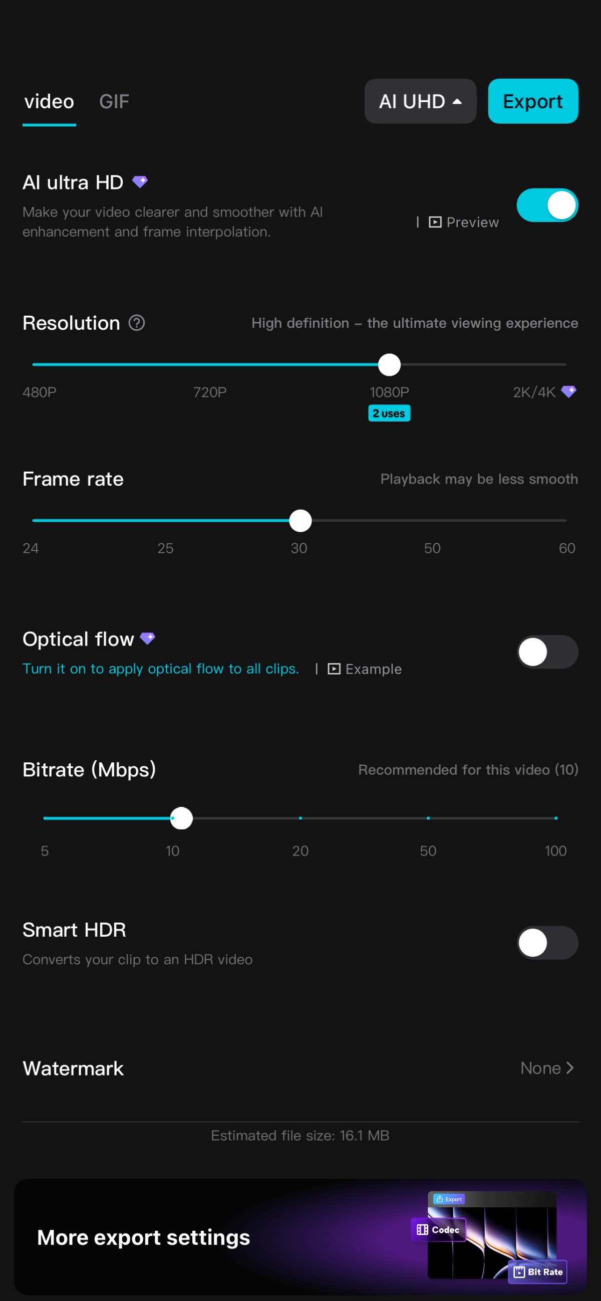 Rozhranie AI UHD exportu videa s nastavením rozlíšenia, snímkovej frekvencie a bitrate v editore