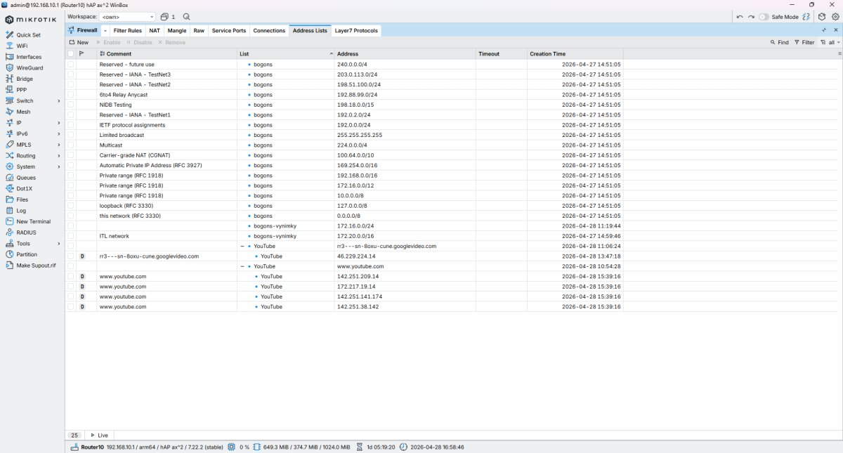 Screenshot MikroTik RouterOS firewall pravidiel so zoznamom adries a timeout nastaveniami
