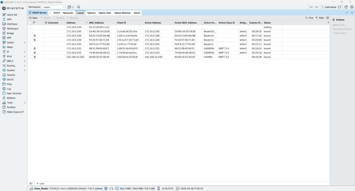 DHCP Server tabuľka s IP adresami, MAC adresami a stavom pripojených zariadení v MikroTik