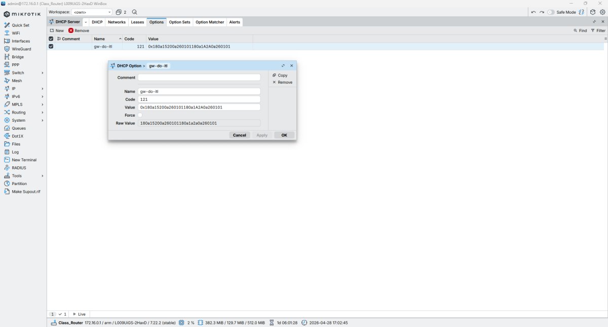 MikroTik DHCP server konfigurácia - dialógové okno nastavenia DHCP option s parametrami kódu a hodnôt