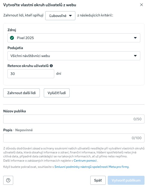 Nastavenie Facebook pixelu - vytvorenie vlastného okruhu používateľov z webu v kurze Platená reklama