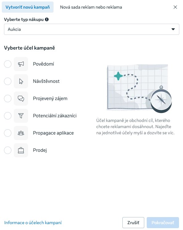 Výber cieľa kampane v editore Facebookovej reklamy: Povedomie, Návštevnosť, Projektovaný zájam, Potenciální zákazníci, Propagace aplikace, Prodej