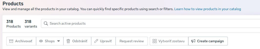 Screenshot katalógu produktov v rozhraní e-commerce, panel na správu 318 produktov s vyhľadávaním a filtrami