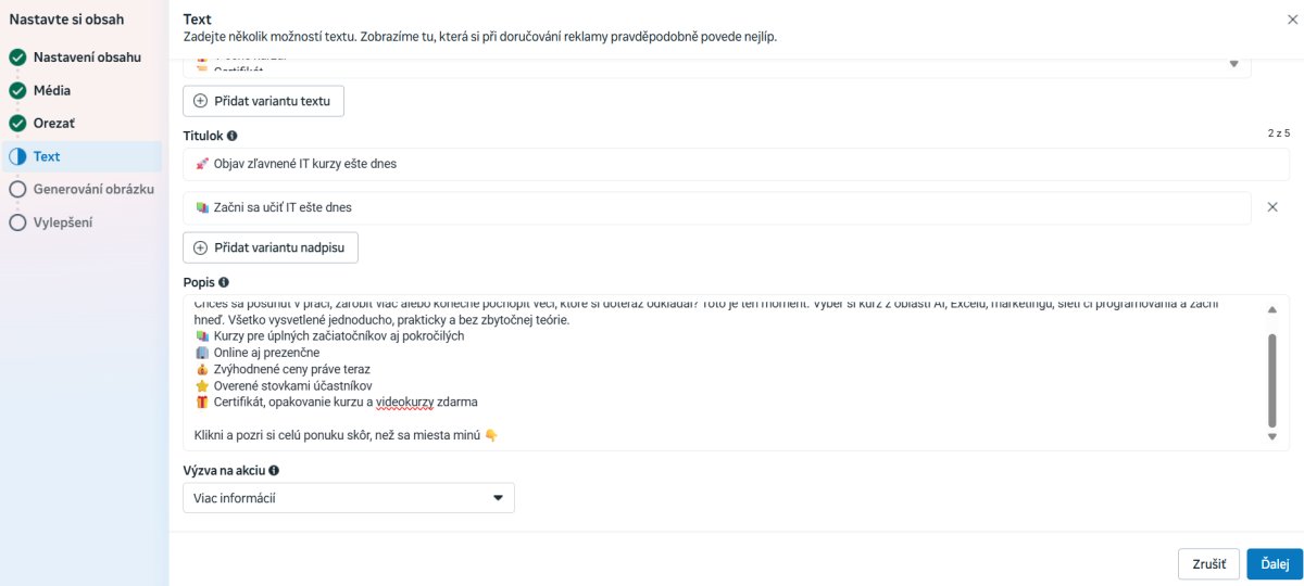 Dialogové okno na tvorbu textovej reklamy s polami titulok a popis v editor reklám Facebooku