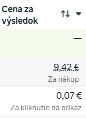 Cena za výsledok v reklame Facebook Instagram, 9.42 € za nákup, 0.07 € za kliknutie