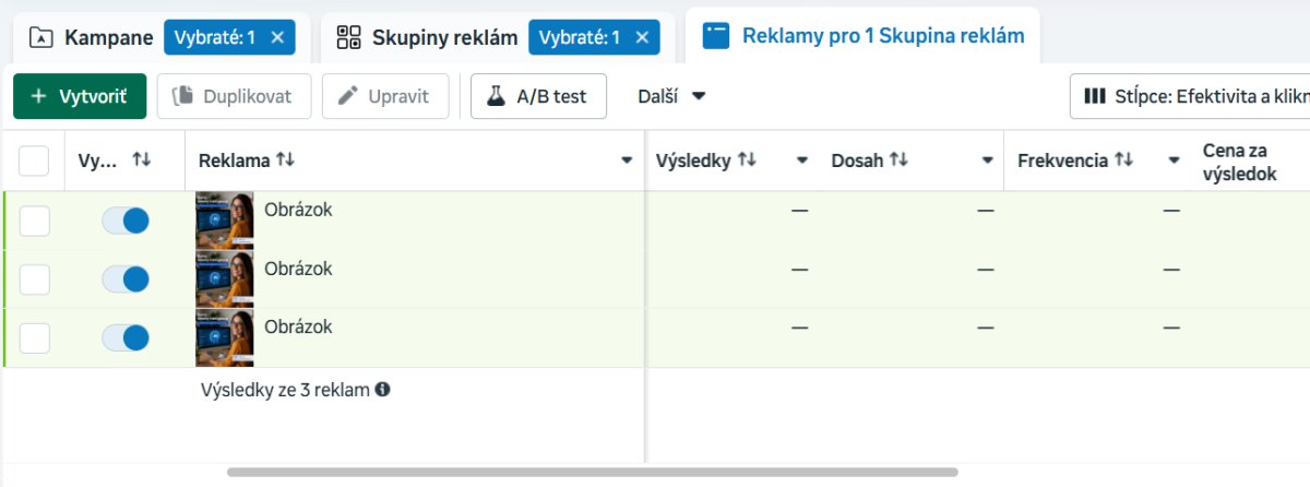 Analýza kampane v reklame Facebook Instagram - tabuľka s výsledkami reklám a metrikami efektivity