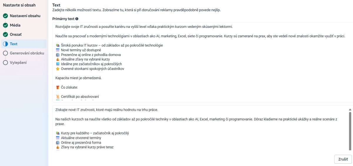 Screenshot sekcie Text v kurze Platená reklama Facebook a Instagram III s popisom obsahu kurzu a zoznamom benefitov