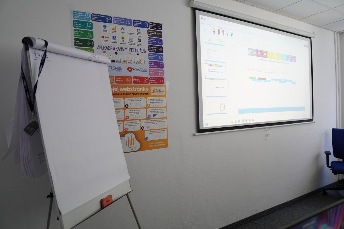 Priebeh kurzu Digitálny marketing III – učebňa s infografickým plagátom o aplikáciách a kanáloch pre digitálny marketing a monitor s analytics grafmi