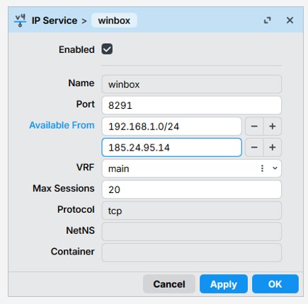 MikroTik MTCNA - konfigurácia IP Service winbox s портom 8291 a sieťovými nastaveniami