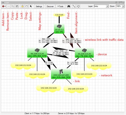 Diagram sieťovej topológie MikroTik s IP adresami, bezdrôtovými spojmi a označením zariadení v MTCNA kurze