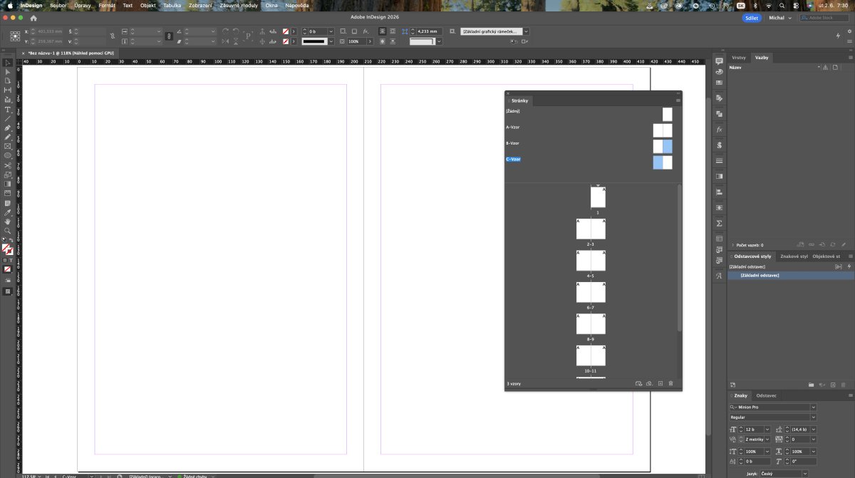 Adobe InDesign rozloženie dokumentu s panelom vzoriek farieb a prehliadačom strán