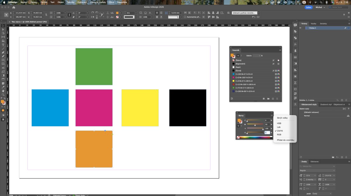 Farebné obdĺžniky v Adobe InDesign - práca s farbami a vrstvami
