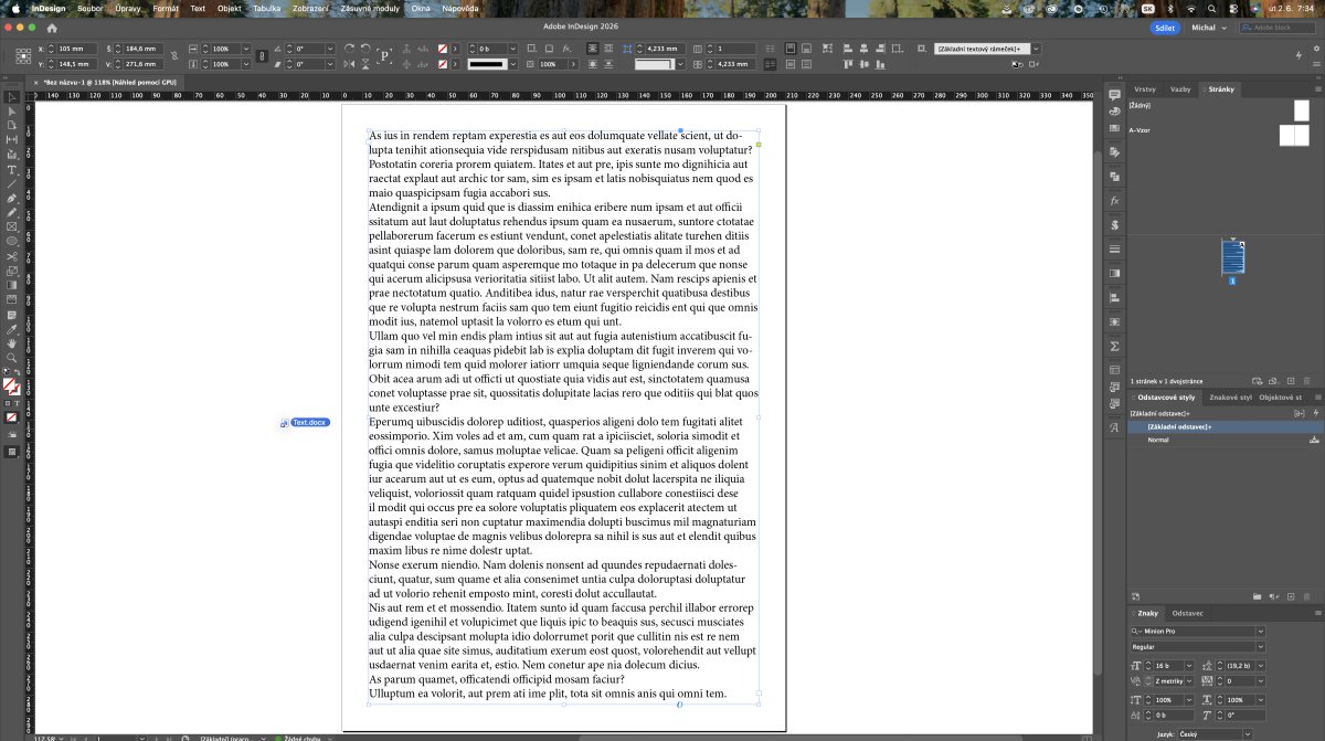 Layout textovej stránky v Adobe InDesign s Lorem ipsum textom