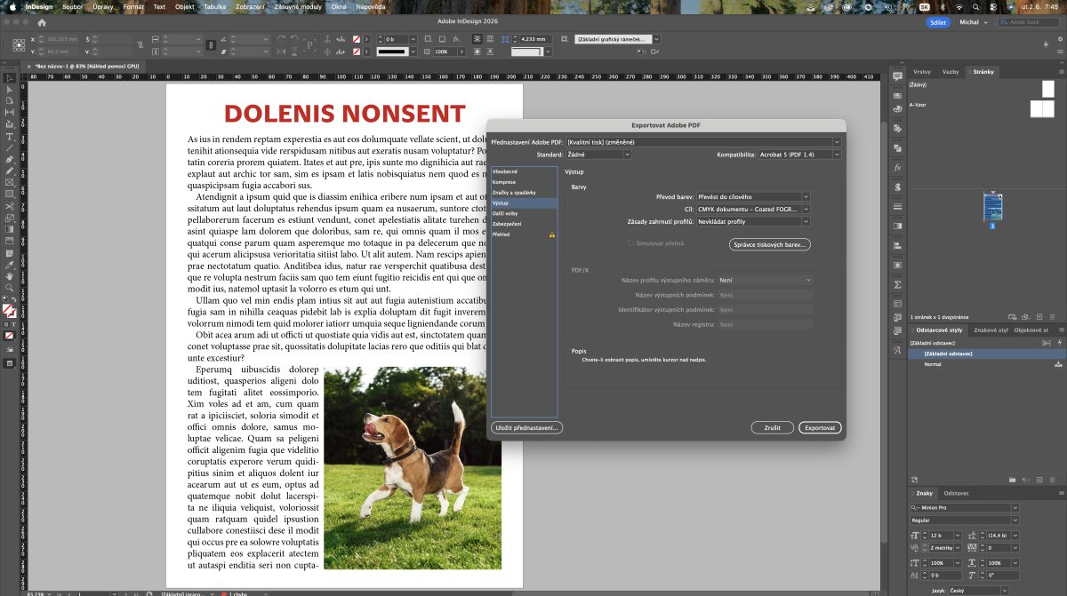 Návrh brožúry v Adobe InDesign s nadpisom, textom a obrázkom psa