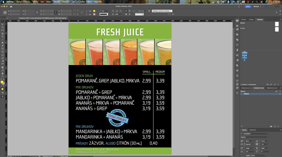 Návrh ponuky Fresh Juice v programe InDesign s ilustráciami nápojov a cenníkom