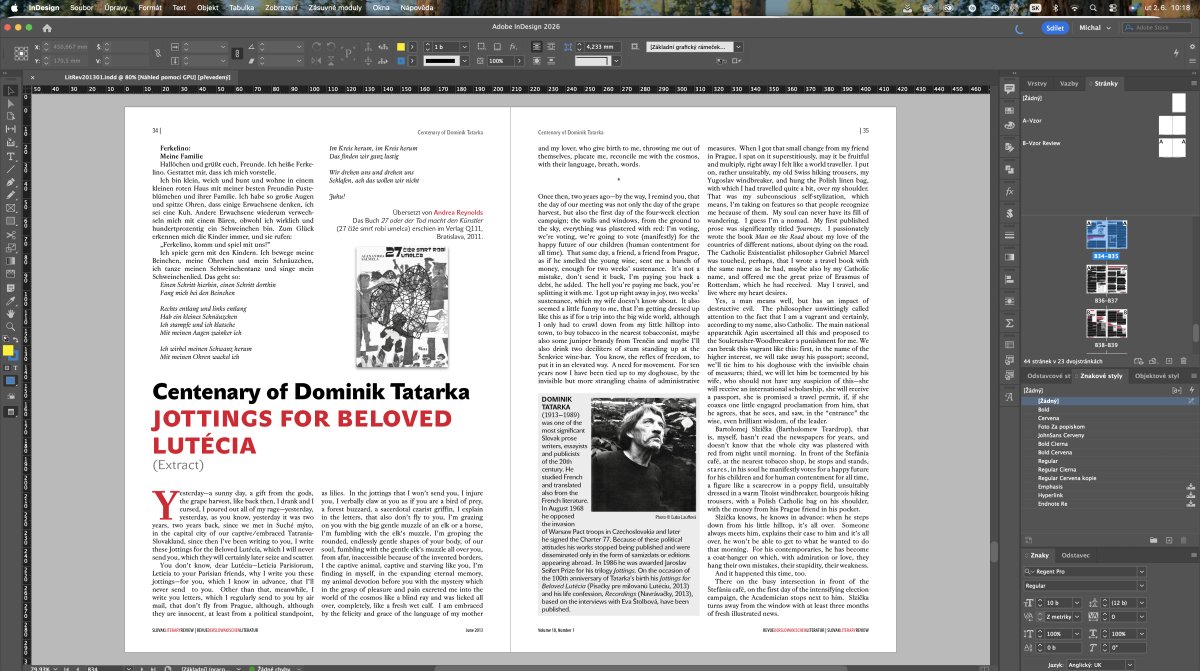 Rozloženie publikácie v InDesignu s textom a fotografiami článku o Dominiku Tatarkovi