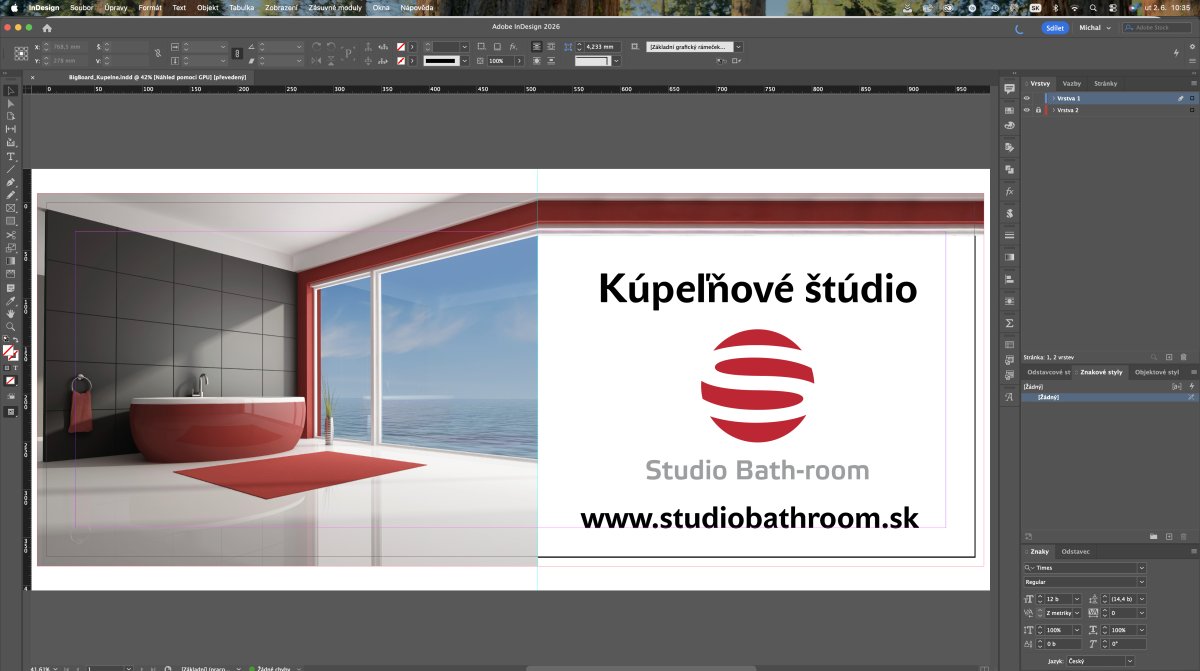 Adobe InDesign, návrh plagátu s fotografiou kúpeľne, logom a textom