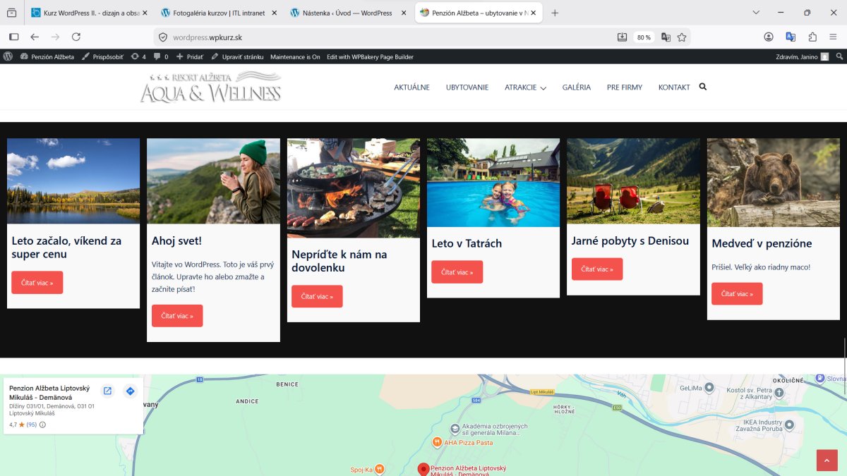 WordPress web penziónu Alžbeta s galériou a ponukami na ubytovanie- cvičenie na kurze WP2