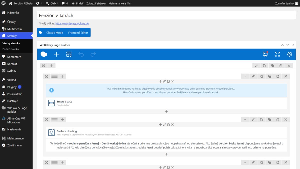 WordPress II - tvorba stránky v WPBakery Page Builder s modulmi Empty Space a Custom Heading