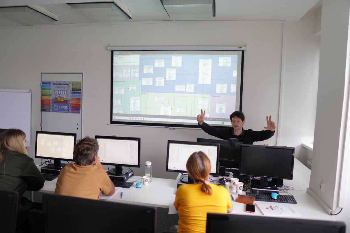 Priebeh kurzu Power BI II - UML diagram s kanálmi a procesmi na projektore v učebni