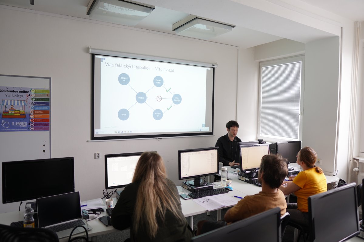 Priebeh kurzu Power BI II - diagram relácií medzi tabuľkami na projekčnej plátne