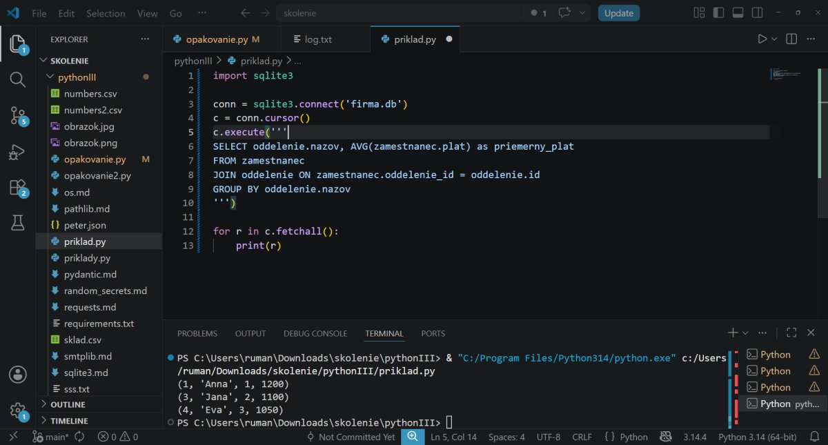 Python III: SQL dotazy v SQLite databáze s importom a kurzom, výstup v termináli