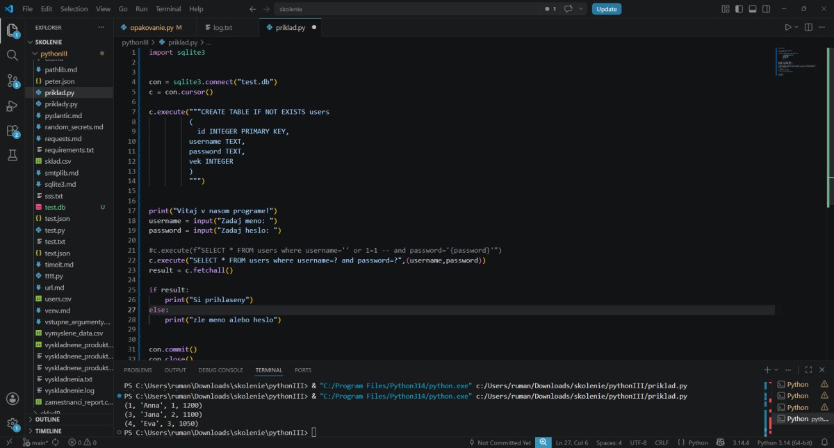 Python III - kód SQLite databázy s CREATE TABLE a SELECT príkazmi