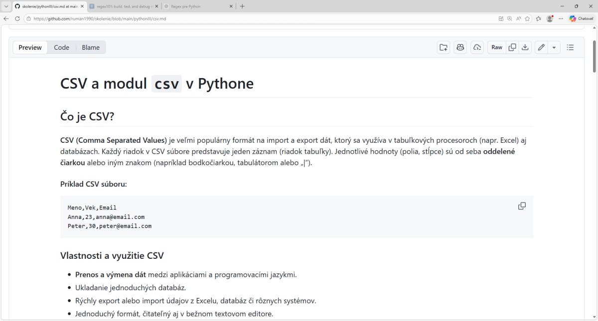 GitHub dokumentácia CSV modul v Pythone s vysvětlením formátu a príkladom súboru