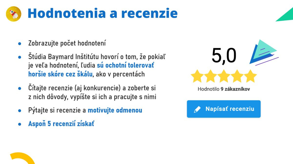 Slajd o hodnotení a recenziách s návodom na zvýšenie počtu hodnotení a spôsobom získavania recenzií