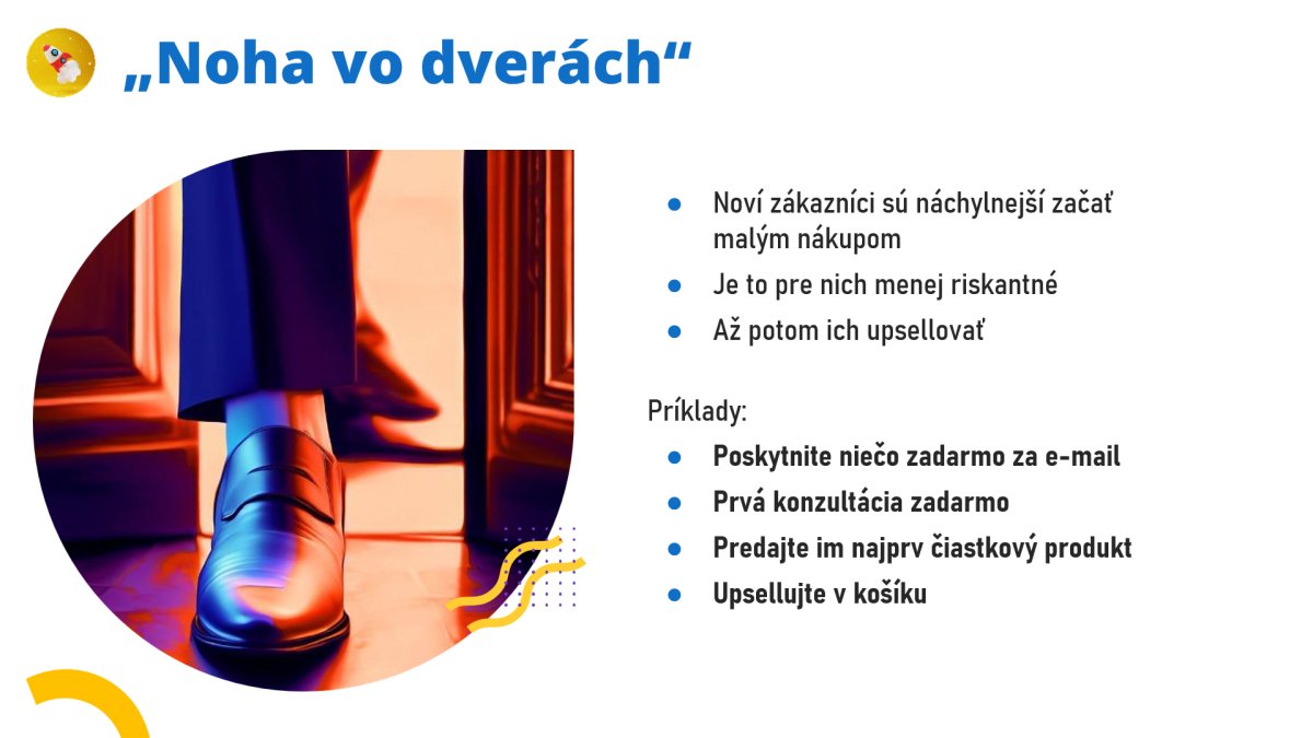 Slajd kurzu Raketový Copywriting s témou "Noha vo dverách" a predajnými taktikám, text o zákázníkoch a príkladoch upsellingu