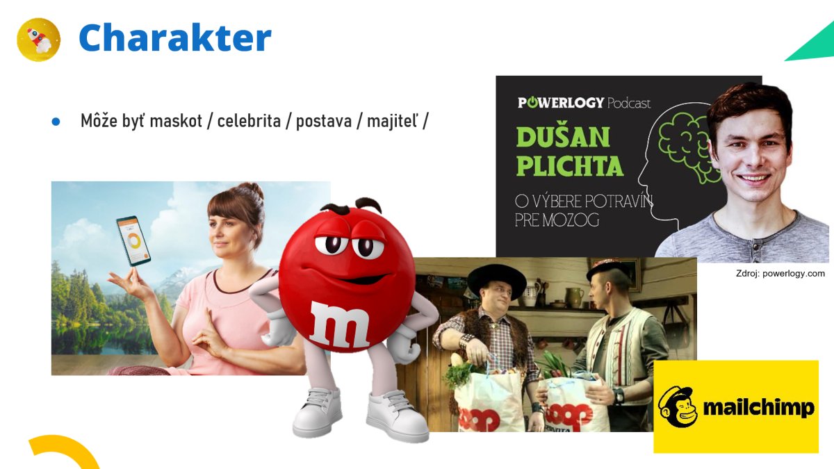Príklady postáv a maskolov pre brand: M&M postava, Powerlogy podcast, Mailchimp maskot