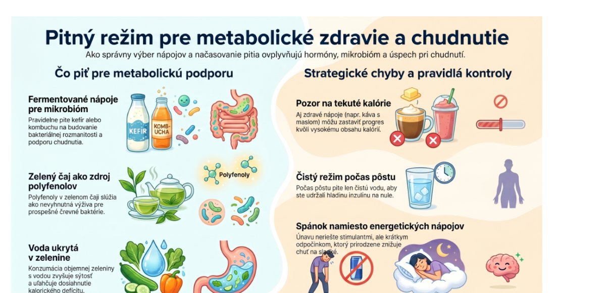 Infografika o pitnom režime pre metabolické zdravie - fermentované nápoje, zelený čaj, voda, pozor na kalorické nápoje, čistý režim pôstu a spánok
