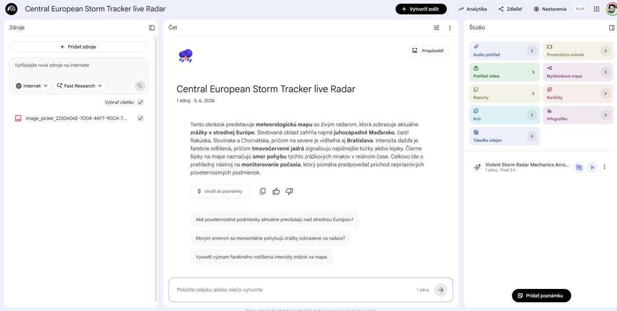 Screenshot NotebookLM s články o meteorologickej mape búrok v Európe a interaktívnymi otázkami