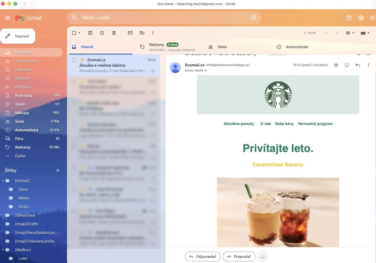 Testovací Email od účastníčky kurzu s ponukou Starbucks a nápojmi v e-mailovom marketing kurze
