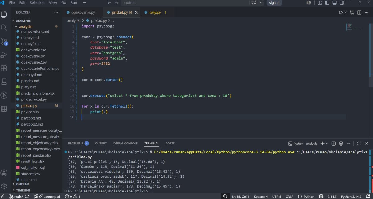 Kód Python s připojením k databázi PostgreSQL a SQL dotazem na nákup produktů v editore VS Code