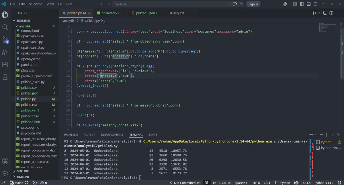 Python kód na analýzu dát - spojenie s databázou PostgreSQL, čítanie SQL dotazov a transformácia dátových rámcov v Pandas