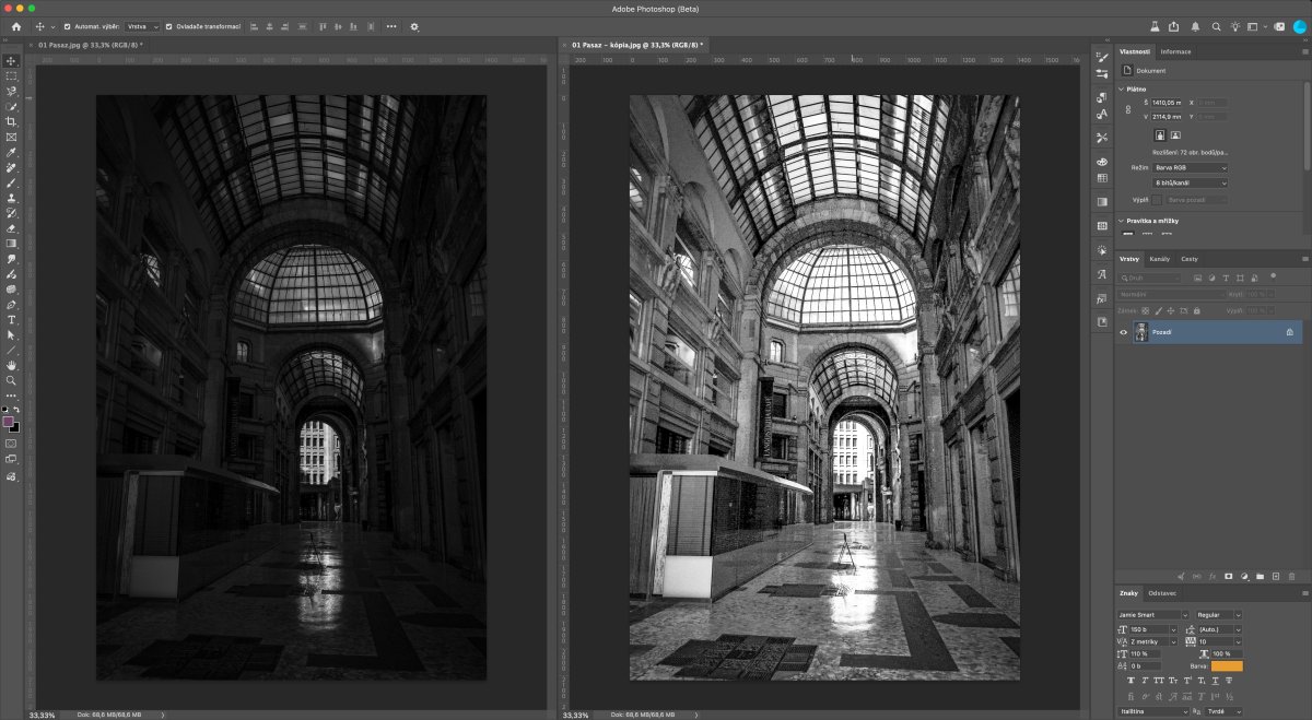 Spracovanie čiernobielej fotografie v Adobe Photoshop II s porovnaním pôvodného a upraveného snímku