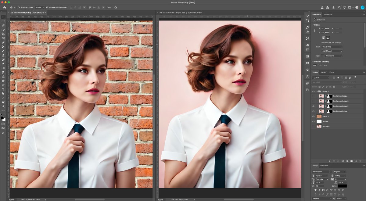Úprava portrétnej fotografie v Adobe Photoshop - porovnanie originálneho a upravovaného snímku s gradačným pozadím