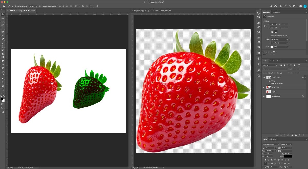 Adobe Photoshop III.: úprava a retuš jahôd v Photoshope, odstránenie pozadia