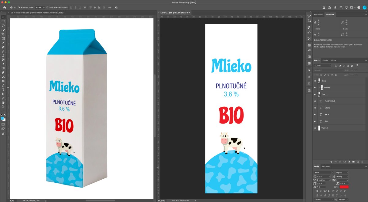 Návrh obal mlieka BIO v Adobe Photoshop s typografiou a ilustráciou kravy