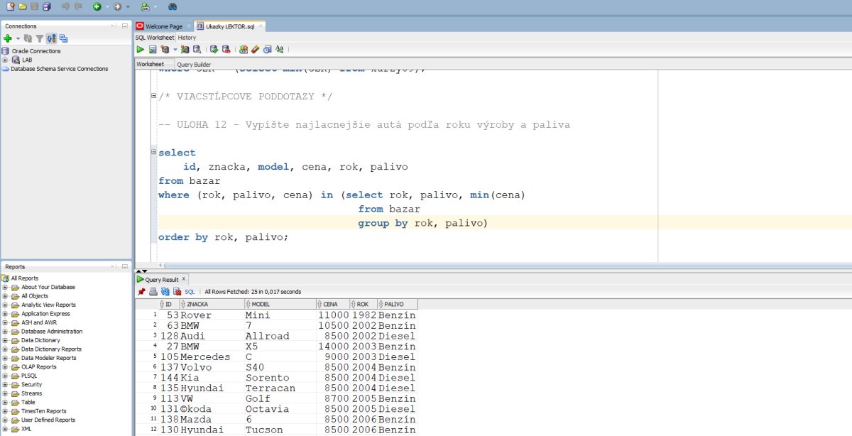 SQL dotaz na analýzu áut s WHERE a GROUP BY klauzulami v Oracle Database