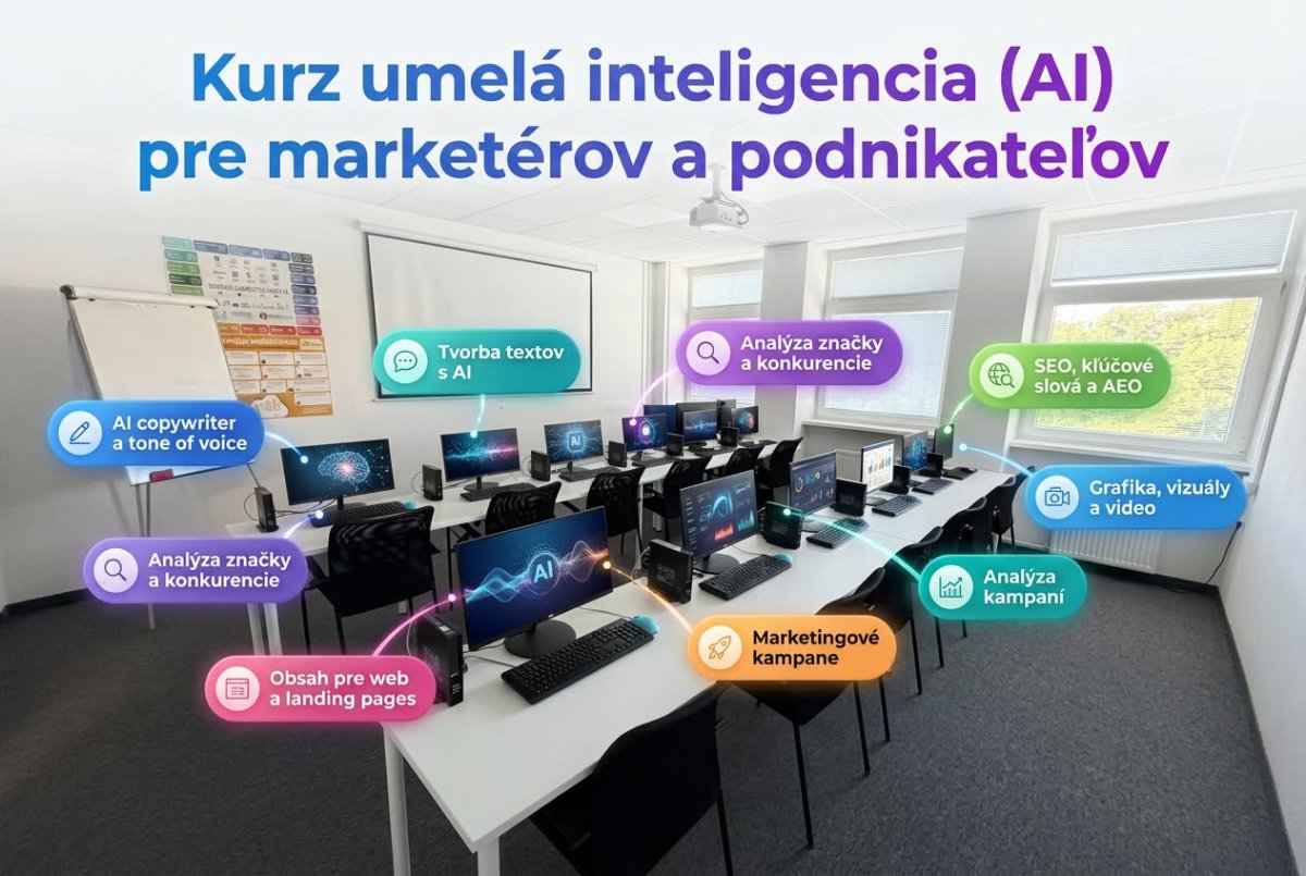 Priebeh kurzu AI pre marketérov: učebňa s počítačmi a tabuľou, schéma tém vrátane copywritingu, SEO, analýzy konkurencie, tvorby obsahu a kampání
