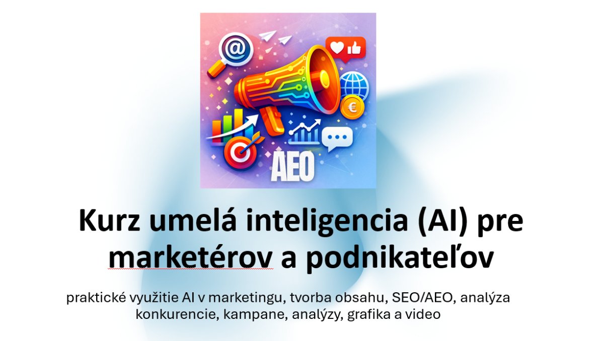 Grafika kurzu AI pre marketérov s ikonami megafónu, grafu, sociálnych médií a textu AEO